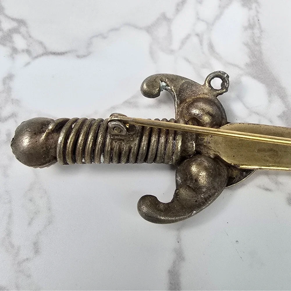 Vintage Scimitar Sword Brooch American Flag Shield Gold Silver Tone Pin 4 Inch